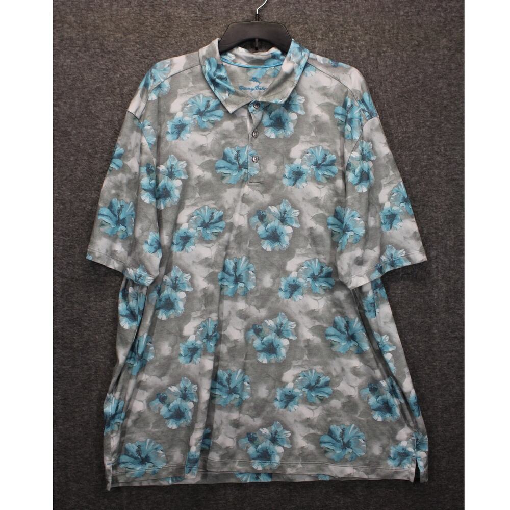 Tommy Bahama Stormy Blues Polo Shirt Men's 3XL Silver Hibiscus